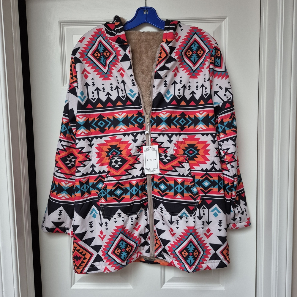 E-Retro Aztec Printed Hooded Jacket With Sherpa, Size Large, New W Tags!